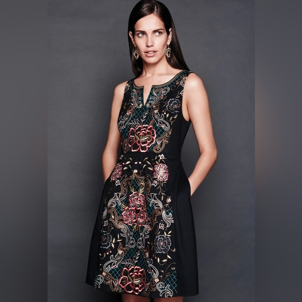 Anthropologie Moulinette Soeurs Embroidered Perennial Dress Black Floral Sz 10 - Picture 2 of 14